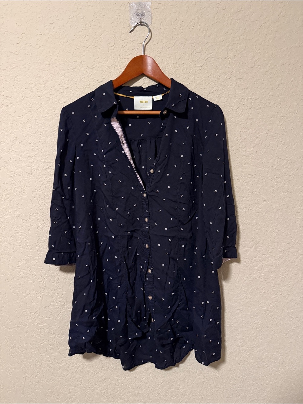 Anthropologie Maeve Black with White Dot Button-Front Shirt small tunic